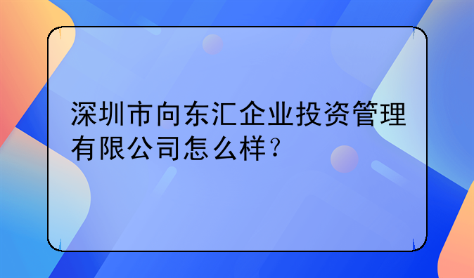 深圳市向东汇企业投资管理有限公司怎么样？